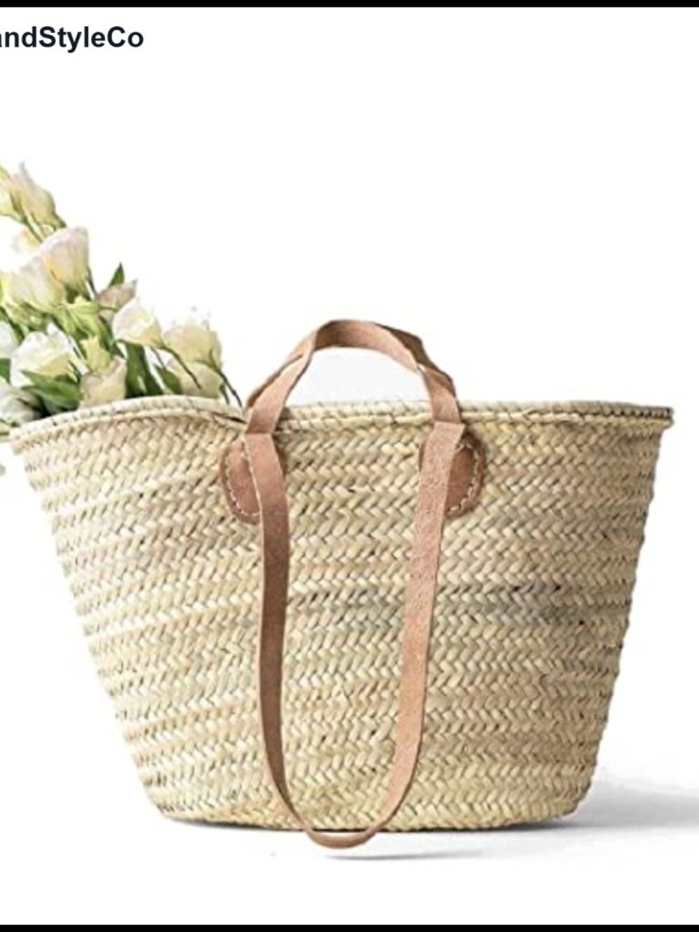 Handmade Woven Palm Leaf Straw Market Basket Tote Double Leather Handles Large